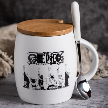 Tasse en Céramique One Piece - Luffy &amp - Zoro avec Couvercle en Bambou