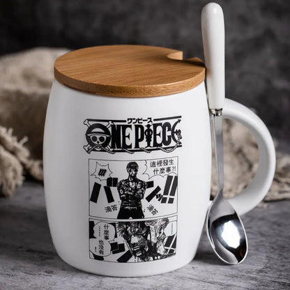 Tasse en Céramique One Piece - Luffy &amp - Zoro avec Couvercle en Bambou