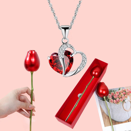 Collier Pendentif Cœur Rouge avec Coffret Fleur pour Femme