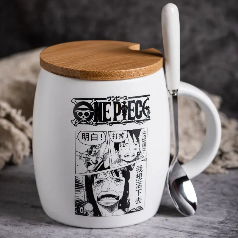 Tasse en Céramique One Piece - Luffy &amp - Zoro avec Couvercle en Bambou