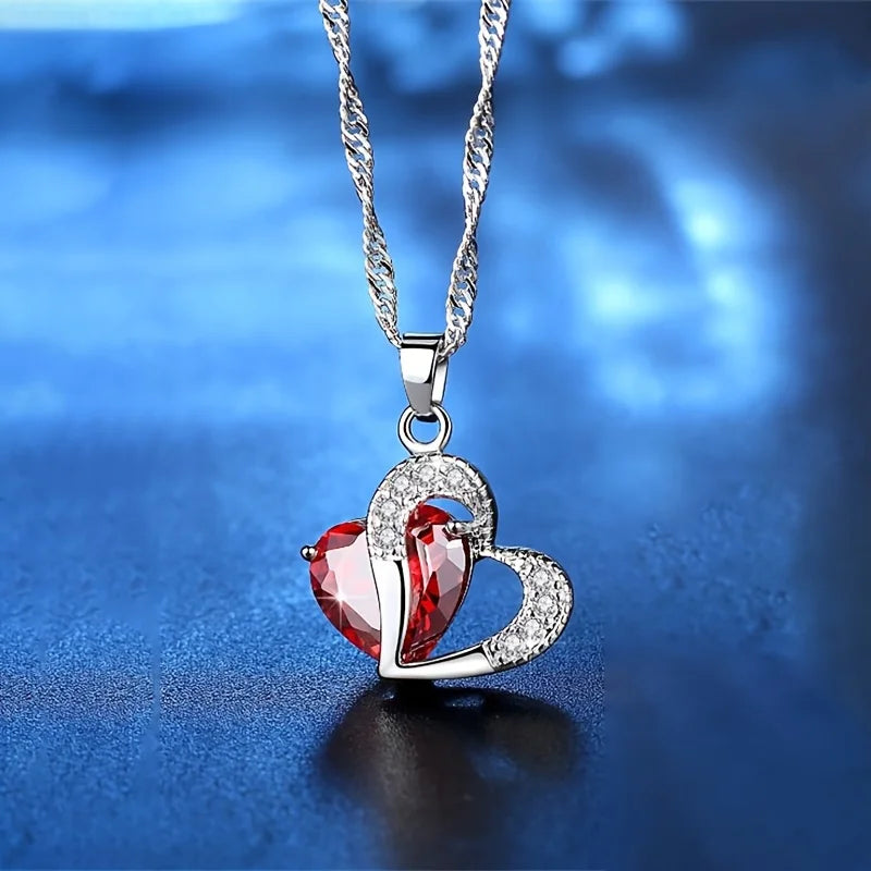 Collier Pendentif Cœur Rouge avec Coffret Fleur pour Femme