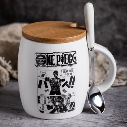 Tasse en Céramique One Piece - Luffy &amp - Zoro avec Couvercle en Bambou