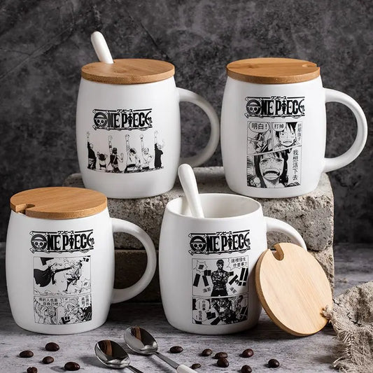 Tasse en Céramique One Piece - Luffy &amp - Zoro avec Couvercle en Bambou