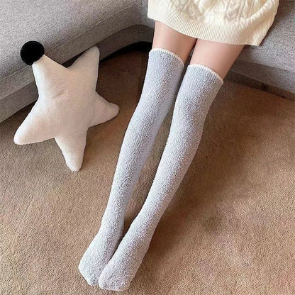 Chaussettes hautes au-dessus du genou pour femmes, chaussettes en peluche pour dormir à la maison, chaussettes de sol longues, chaussettes de cuisse hautes, chaussettes amusantes, chaudes, sourire, solide, hiver, Jk Gallery Cadeaux