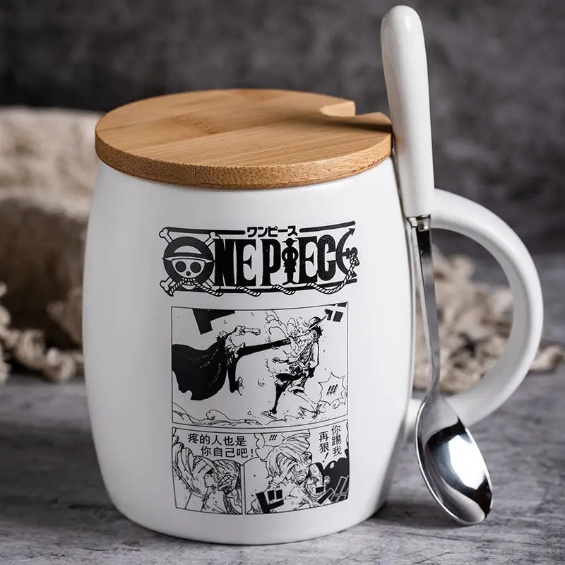 Tasse en Céramique One Piece - Luffy &amp - Zoro avec Couvercle en Bambou