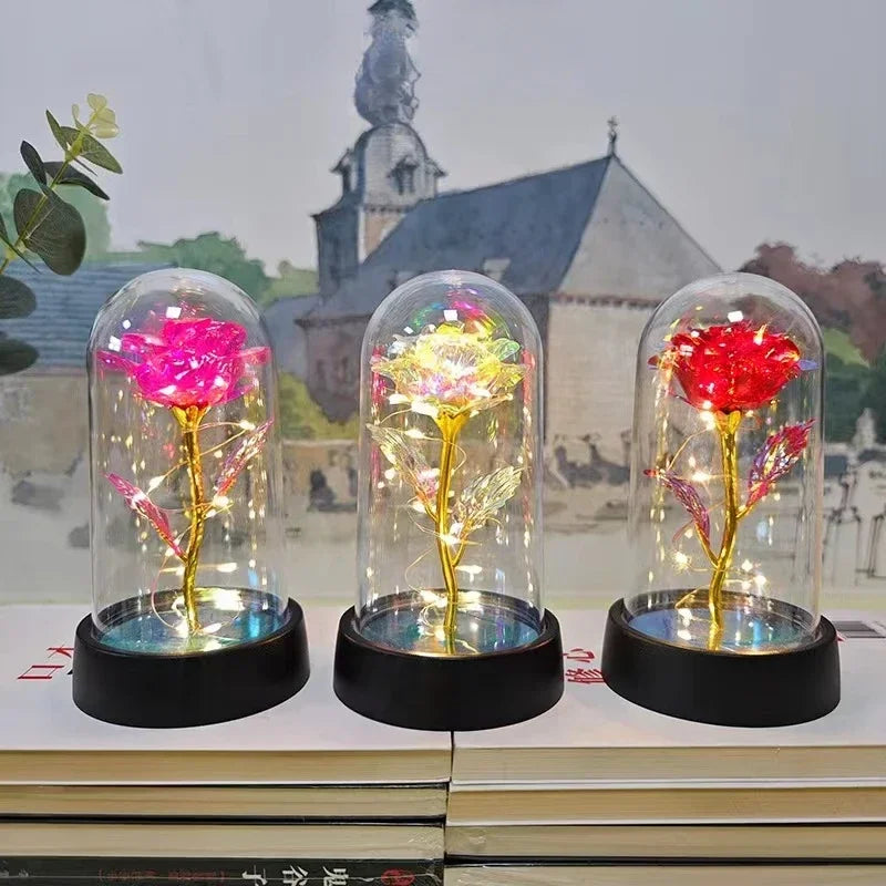 Rose éternelle avec lumière LED, fleur artificielle en feuille d'aluminium, cadeau de Saint Valentin, décor de fête de mariage, décoration de Noël légère Gallery Cadeaux