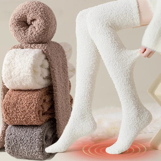 Chaussettes hautes au-dessus du genou pour femmes, chaussettes en peluche pour dormir à la maison, chaussettes de sol longues, chaussettes de cuisse hautes, chaussettes amusantes, chaudes, sourire, solide, hiver, Jk Gallery Cadeaux